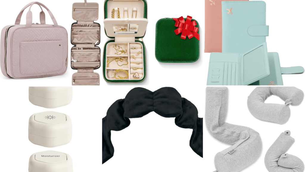 travel accessories that include passport holder, neck support, eye mask, capsules, jewellery box, cosmetic bag for travellers