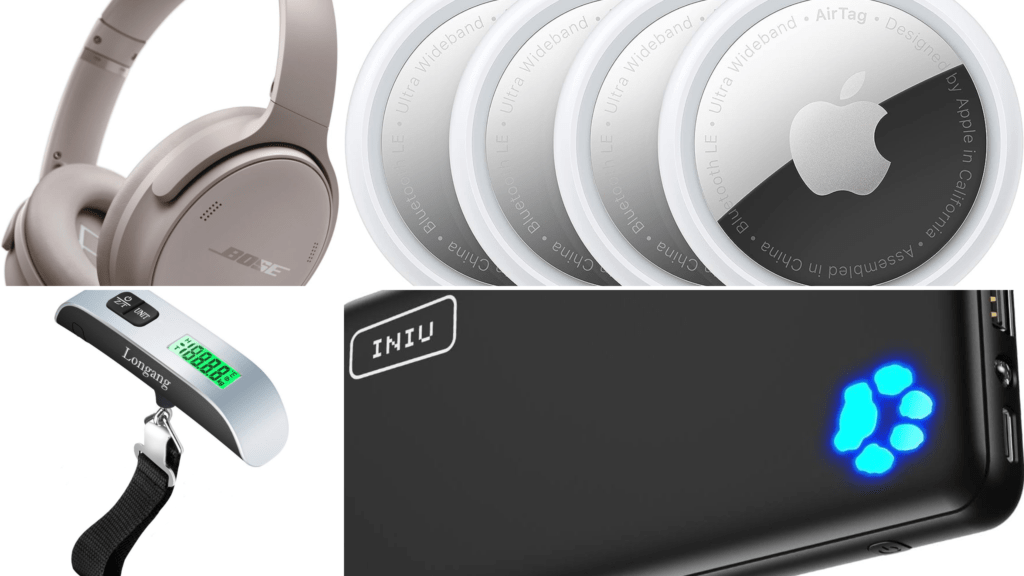 head phones, air tags, digital scale for luggage and battery charger