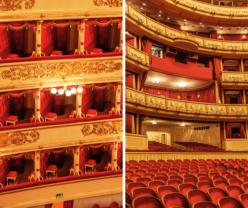 red velvet chairs with balcony in milan opera house