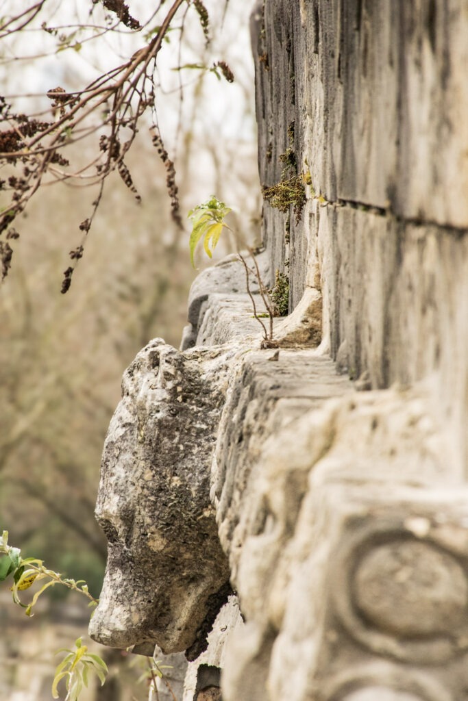 stone wolf on side of tombstone at pere lachaise cemetery