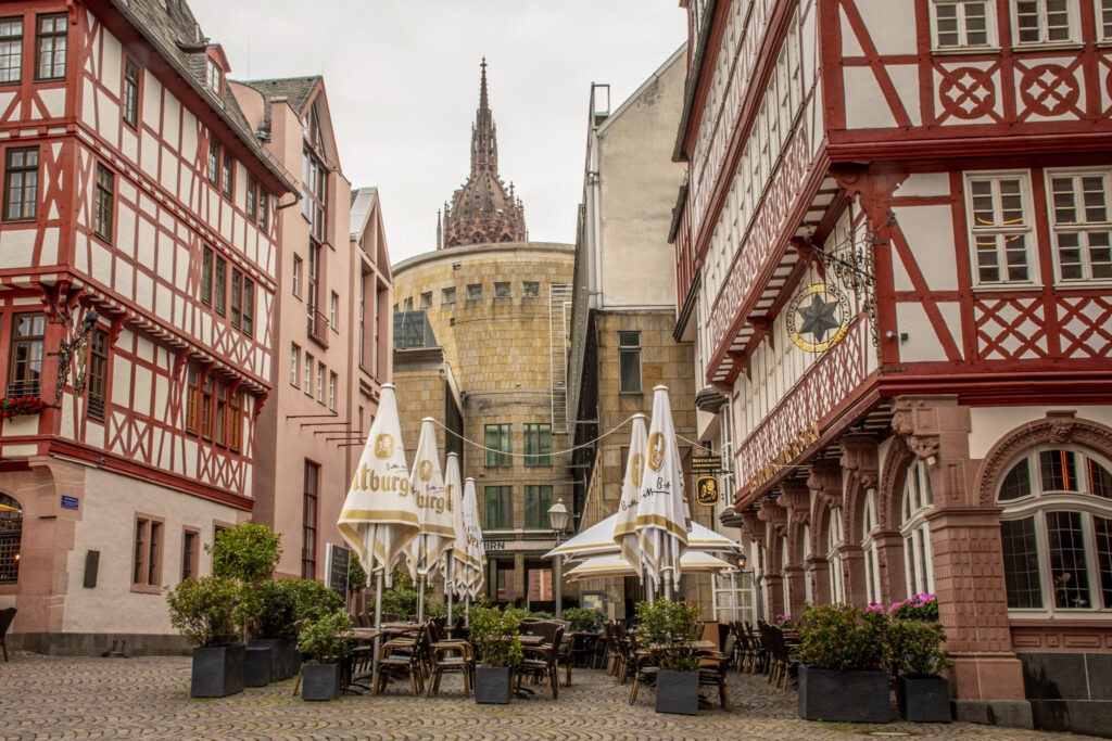 square in Frankfurt with medieval timber framed buildings 