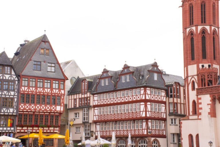 red and white timber frame buildings in altstadt while spending 3 days in Frankfurt Germany