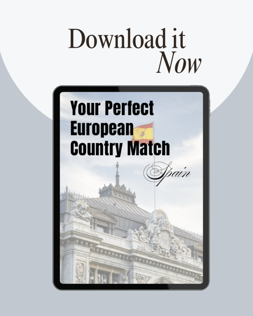 ipad showing cover page to Your Perfect European Country Match Spain with view of Madrid's building with Spanish flag