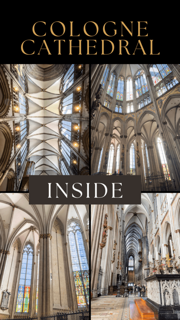 series of photos showing the interior of the cathedral's stained glass windows, soaring ceilings with text that reads cologne cathedral germany