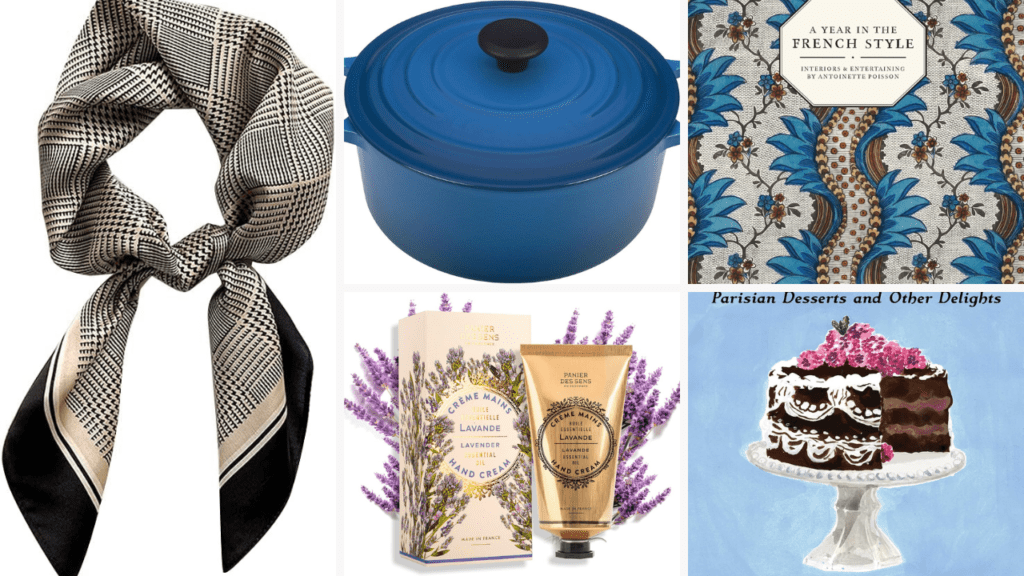 collection of travel gifts of book, handcream, scarf and cooking pot all made in France