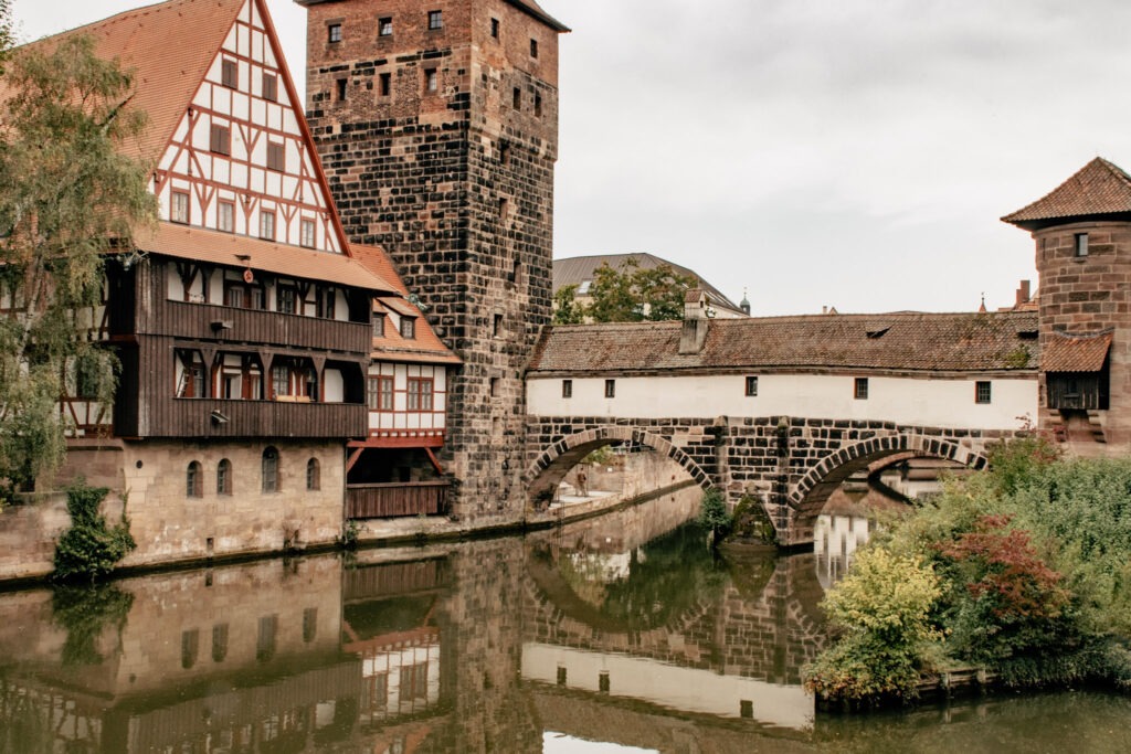 river with medieval bridge and timberframe house while spending 2 days in Nuremberg