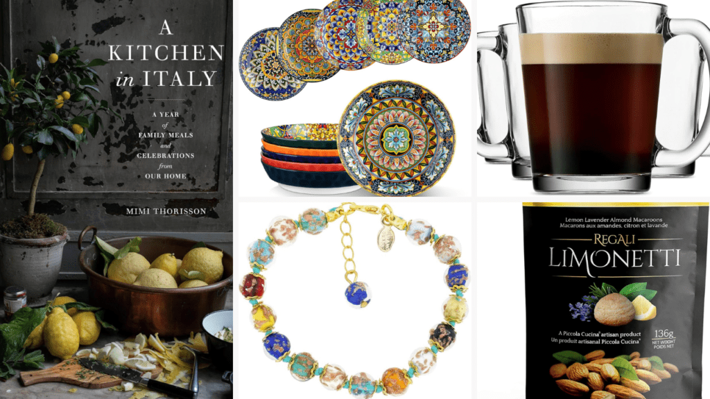 collection of travel gifts from italy including book, mugs, cookies, pasta bowls, jewellery