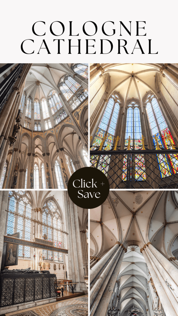 series of photos showing the interior of the cathedral's stained glass windows, soaring ceilings with text that reads cologne cathedral 