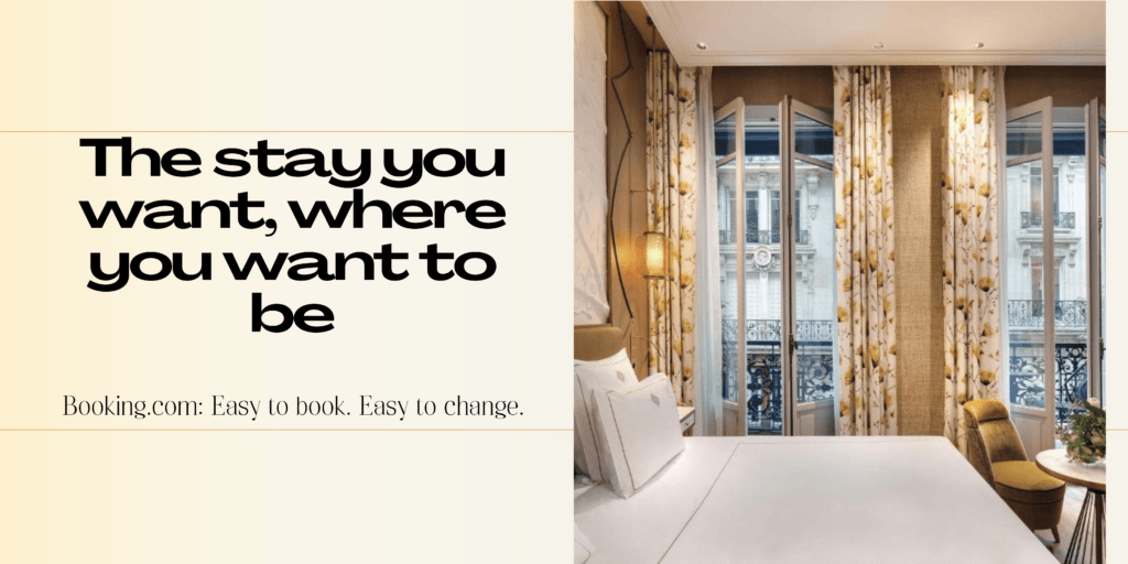 hotel room with booking.com showing white bedding and view to double windows 