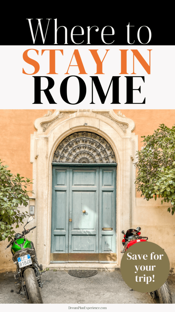 blue door to apartment building with motorcycles and text that reads where to stay in rome