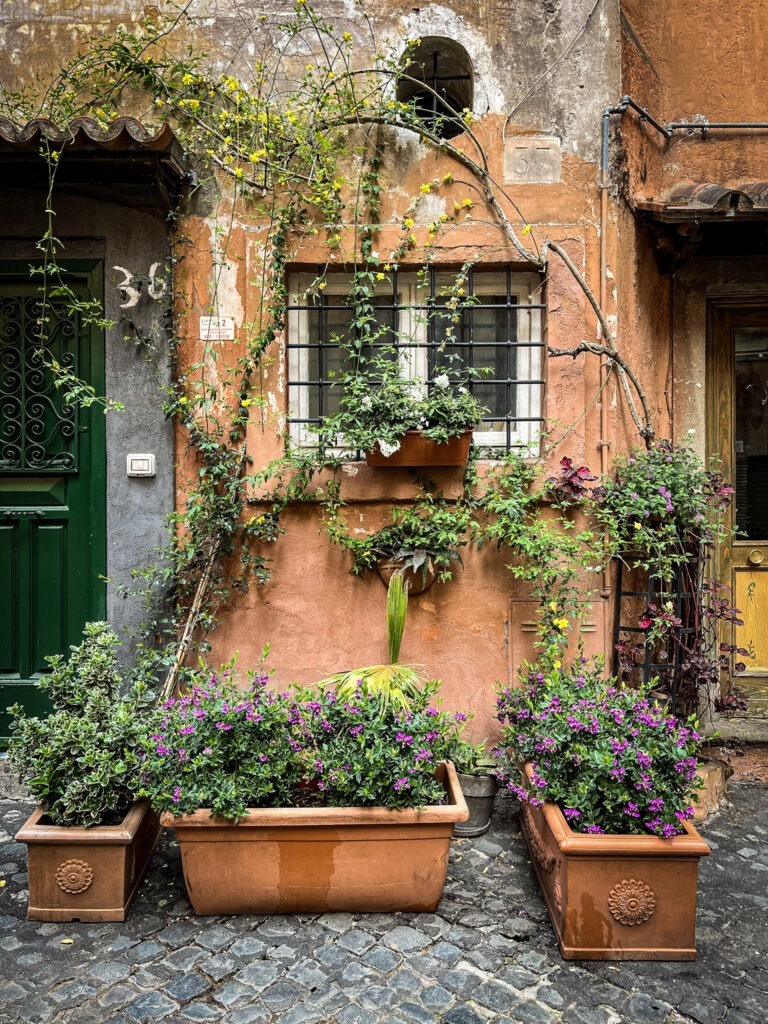 where to stay in rome in the trastevere neighbourhood showing flower pots with patinaed orange paint, green door and window flower box
