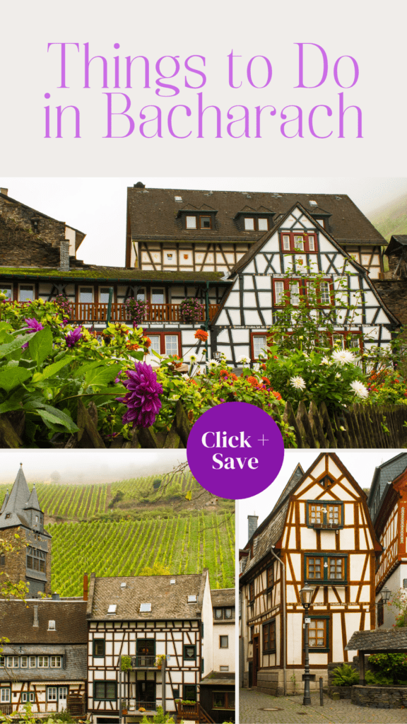 collection of photos that shows timber frame buildings with text that reads things to do in bacharach