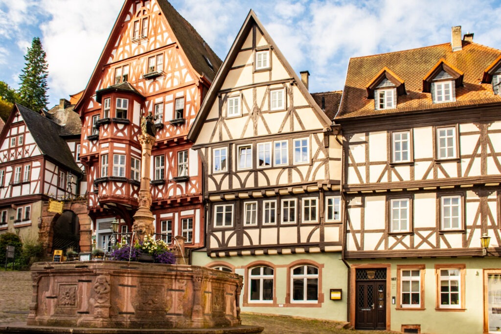 timber frame buildings in red and white, brown and white with a fountain in idstein one of the best day trips near Frankfurt