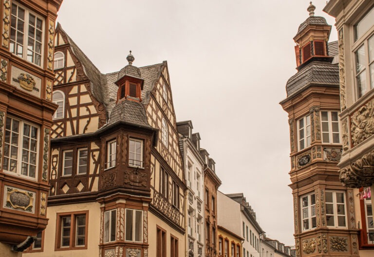 View of old town timber frame buildings and sky while visiting koblenz germany