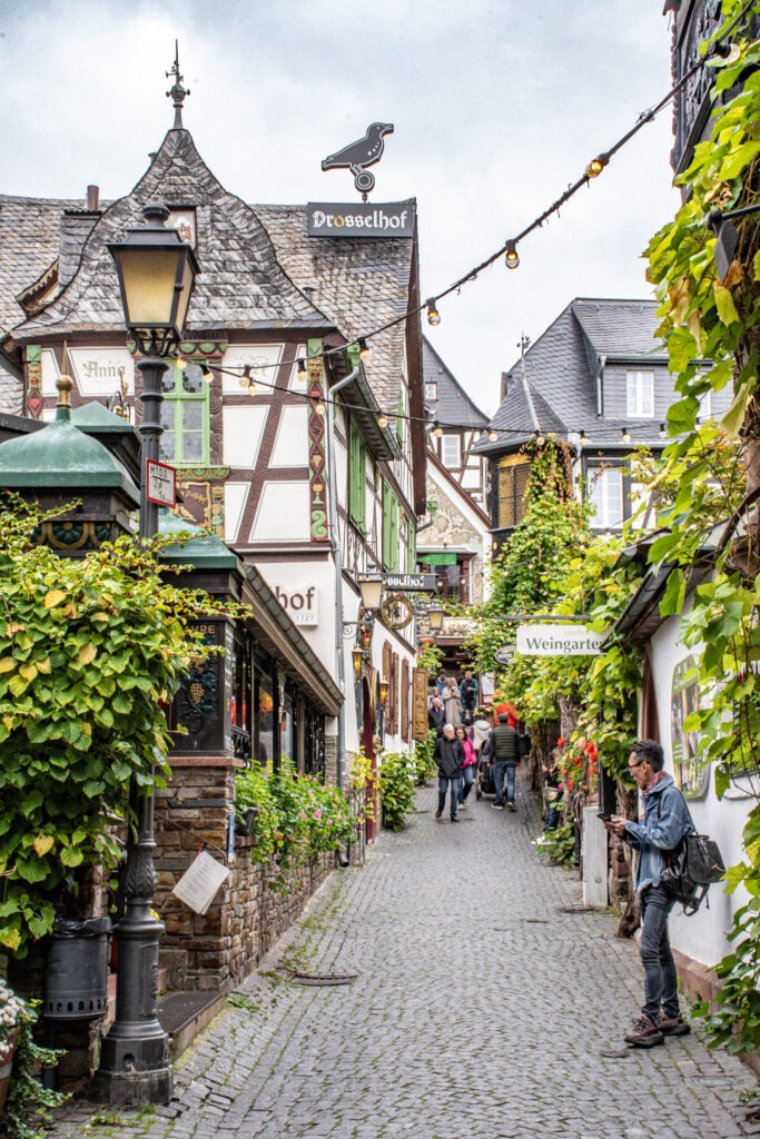 Things to Do in Rüdesheim am Rhine Without Overdoing It 3 narrow street with timber frame buildings on either side with vegetation while spending the day in rudesheim am Rheim