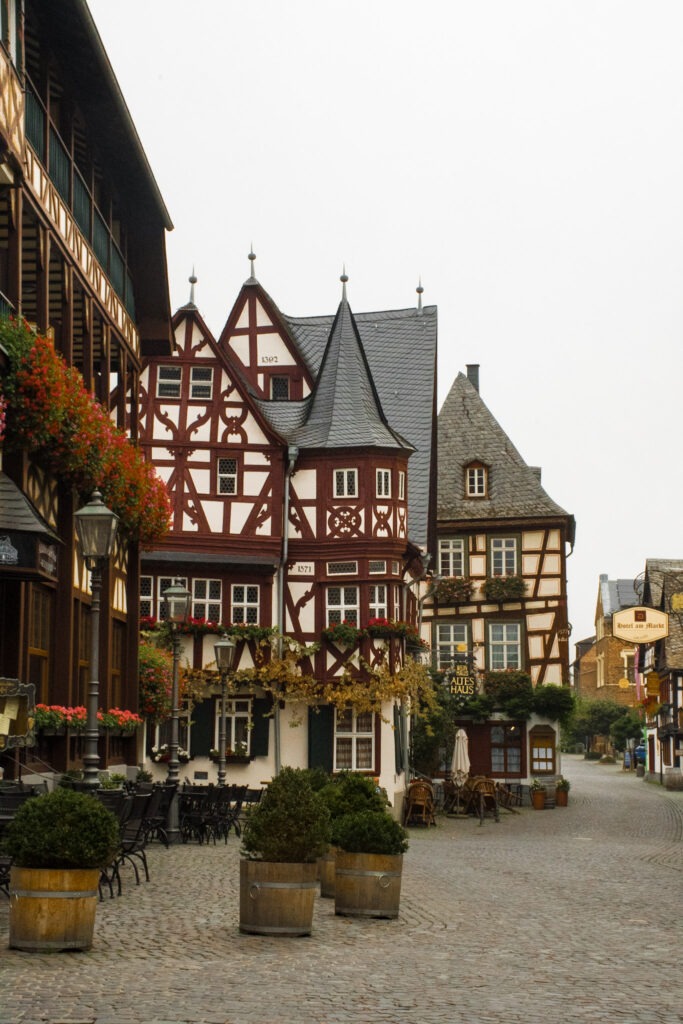 timber frame buildings lining a street in bacharach germany