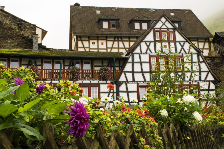 garden with timber frame building on a foggy day while on a walk through town, one of the best things to do in bacharach