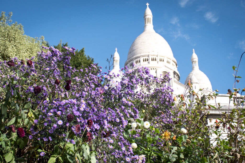 Purple flowers bloom in the foreground with the white domes of Sacré Cœur Basilica rising against a clear blue sky. The scenic viewpoint and historic landmark make Montmartre a popular stop during 4 days in Paris.