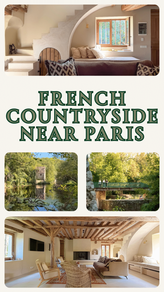 Stay in a restored historic mill beside the Yerres, just 30 minutes from the city showing interior views of window bench and living room space as well as outside river with text that reads French Countryside Near Paris