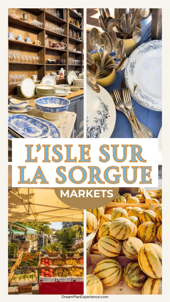 It reads: I'isle-sur-la-sorgue markets showing vintage silver cutlery and blue-and-white patterned porcelain plates displayed at the L’Isle-sur-la-Sorgue antiques market and daily markets.