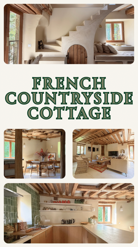 A French countryside cottage feel inside a restored historic mill near Paris, with exposed beams, a full kitchen and a peaceful riverside setting with text that reads French Countryside Cottage