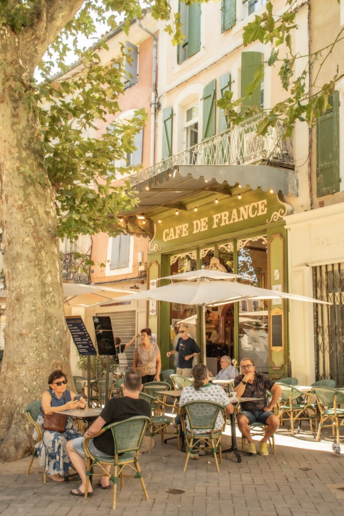 Visitors sitting at outdoor café tables beneath a large tree at Café de France in L’Isle-sur-la-Sorgue.