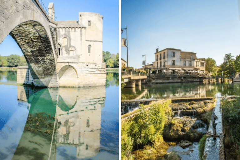 Avignon or L’Isle-sur-la-Sorgue: side-by-side views of the medieval Pont d’Avignon and L’Isle’s riverside buildings and canals in Provence.