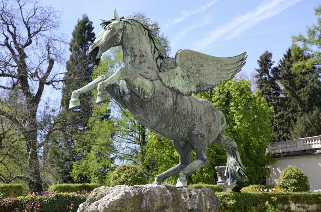 bronze statue of horse with wings at Mirabell Palace and Gardens a free thing to do in Salzburg
