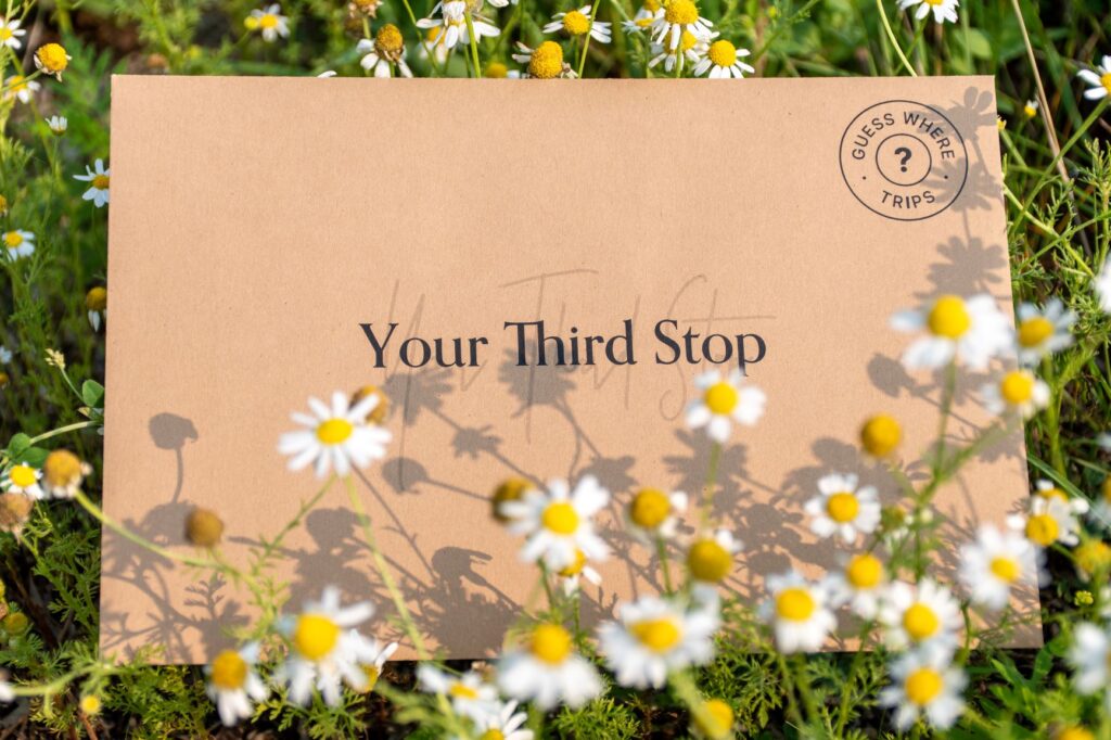 Guess Where Trips envelope that says Third stop in a field of with wild flowers
