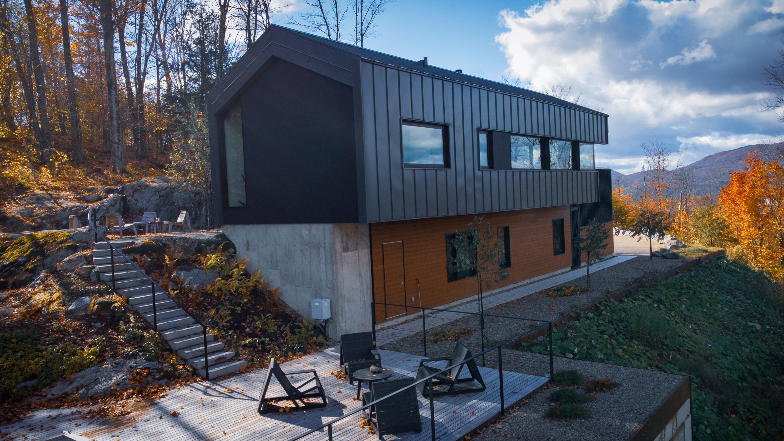 A modern architectural designed Airbnb vacation rental called Bolton-Est House is located in the Eastern Townships, Quebec, Canada