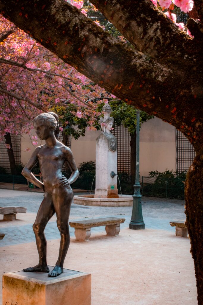 tree with bronze statue of girl with pink blossoms in saint germain de pres paris
