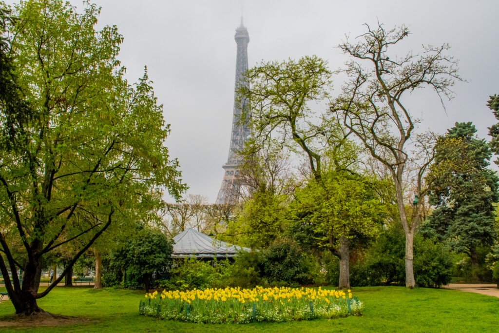 eiffel tower in parks and gardens in paris
