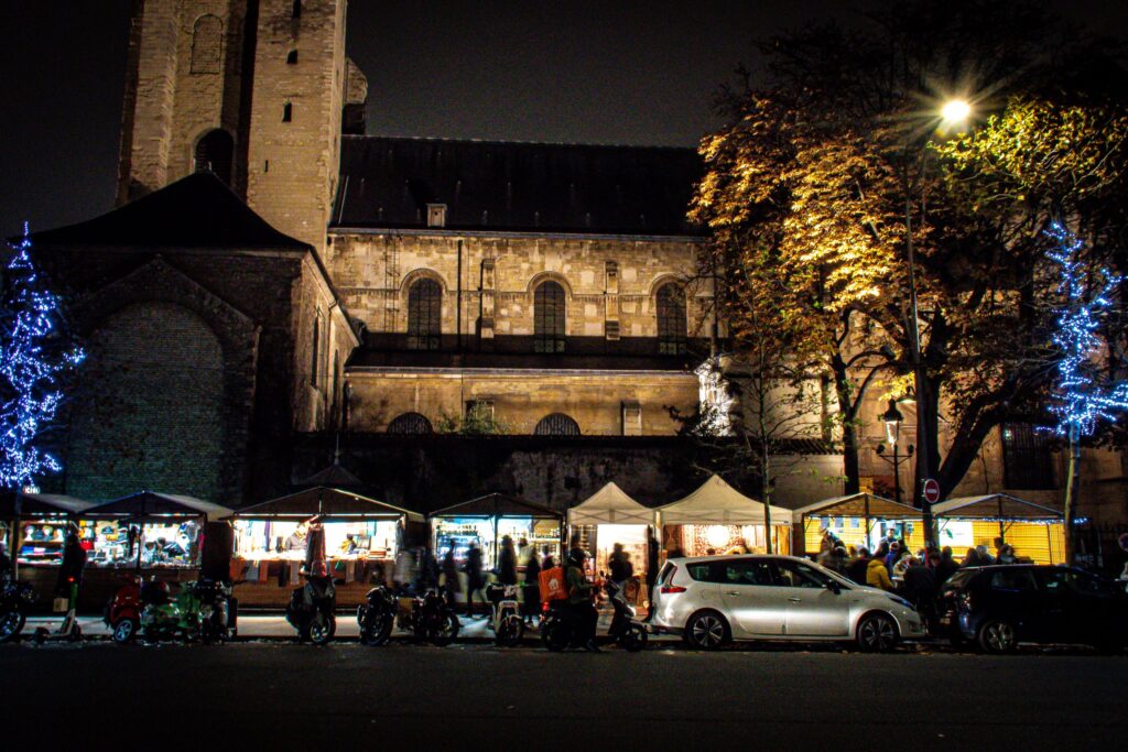 Paris Christmas Market at night with lights