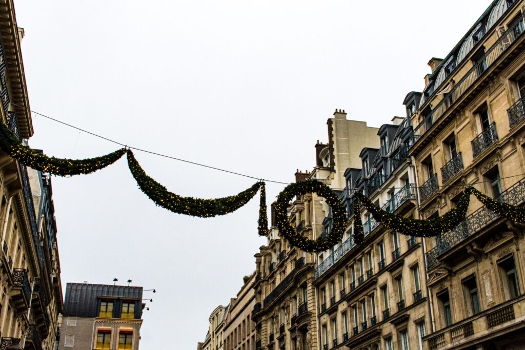 top of building with christmas decoration at christmas market Paris