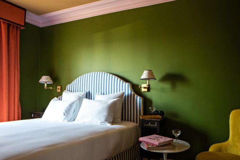 green and pink hotel room