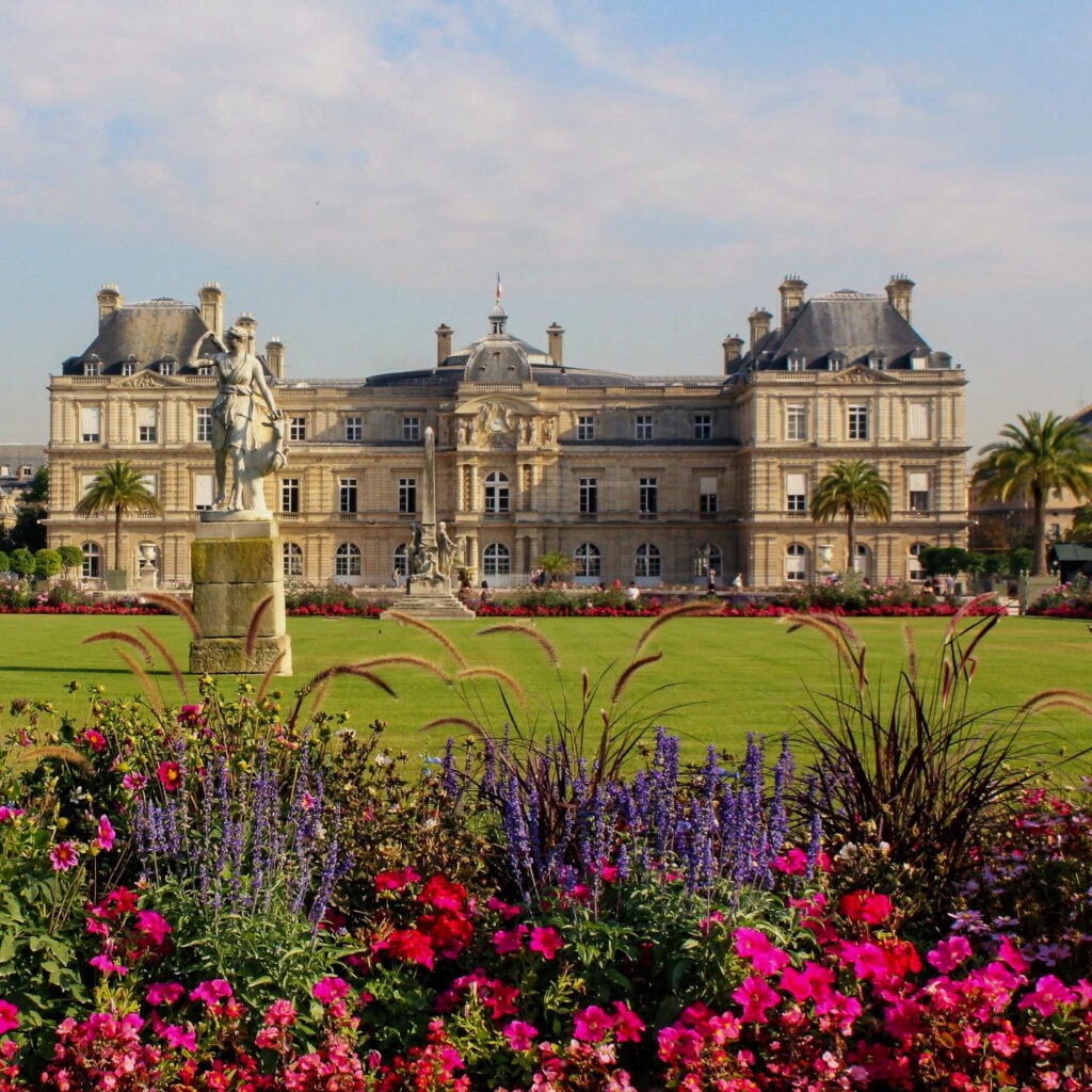 flowers with lawn and palace in jardin du luxembourg