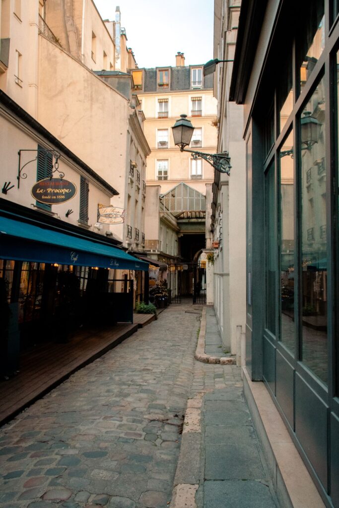 cobblestone laneway with lantern in covered passages paris