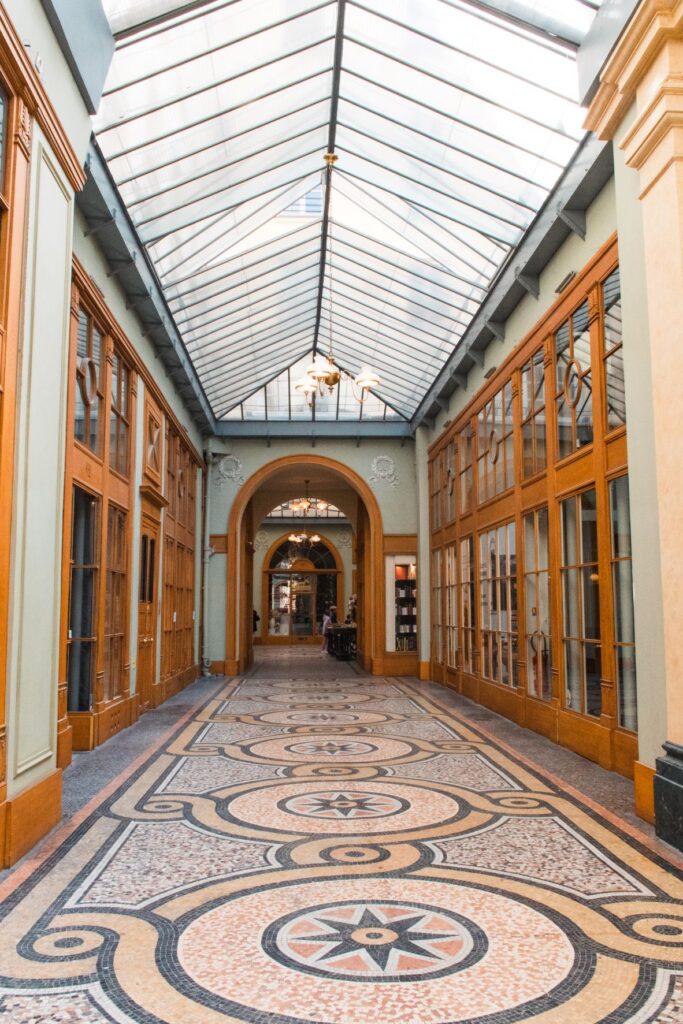 vaulted glass ceiling with mosaic tile floor in les passages parisien
