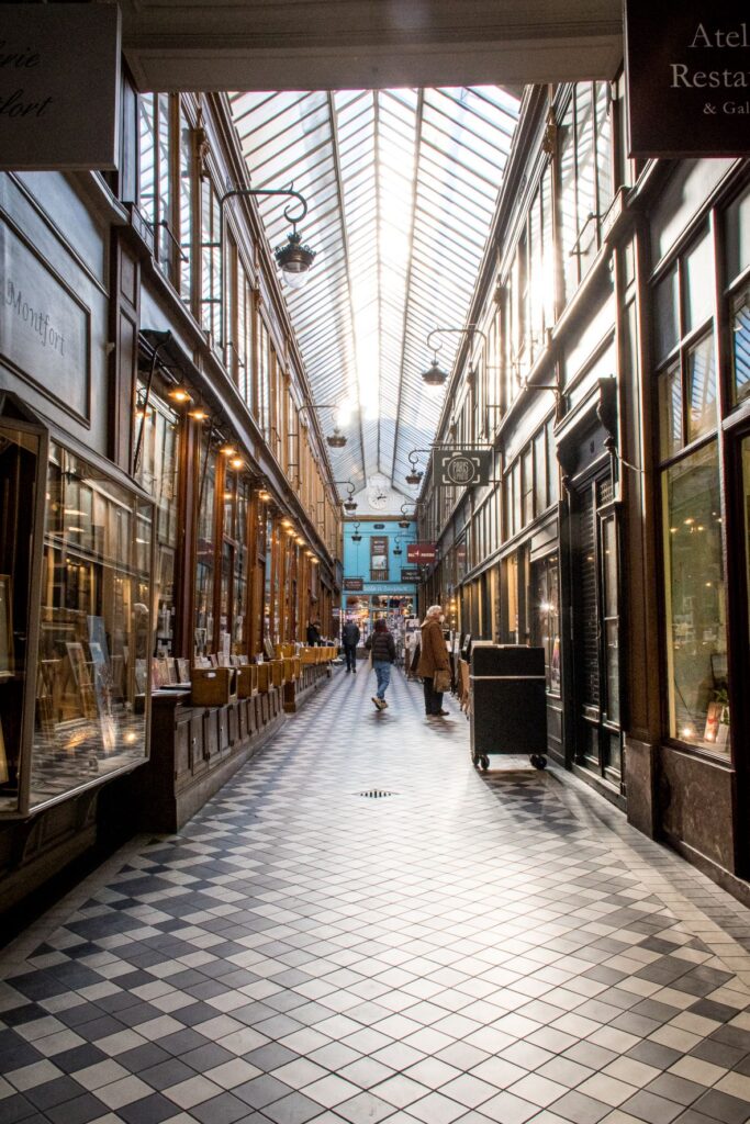 tile floor with glass ceiling in covered passage in paris