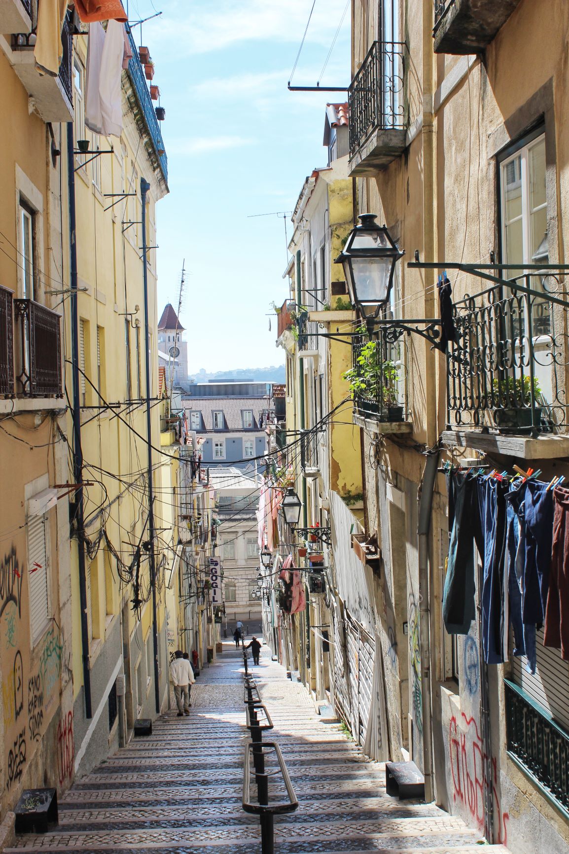 narrow alleyway in lisbon neighborhood