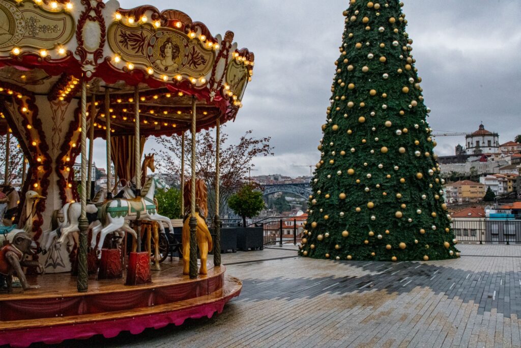 christmas tree and carousel in Porto Portugal