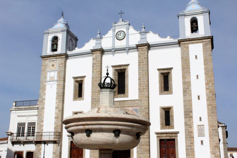 Church with fountain in Evora Portugal