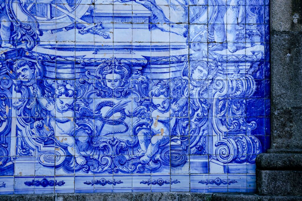 blue and white tiles in porto